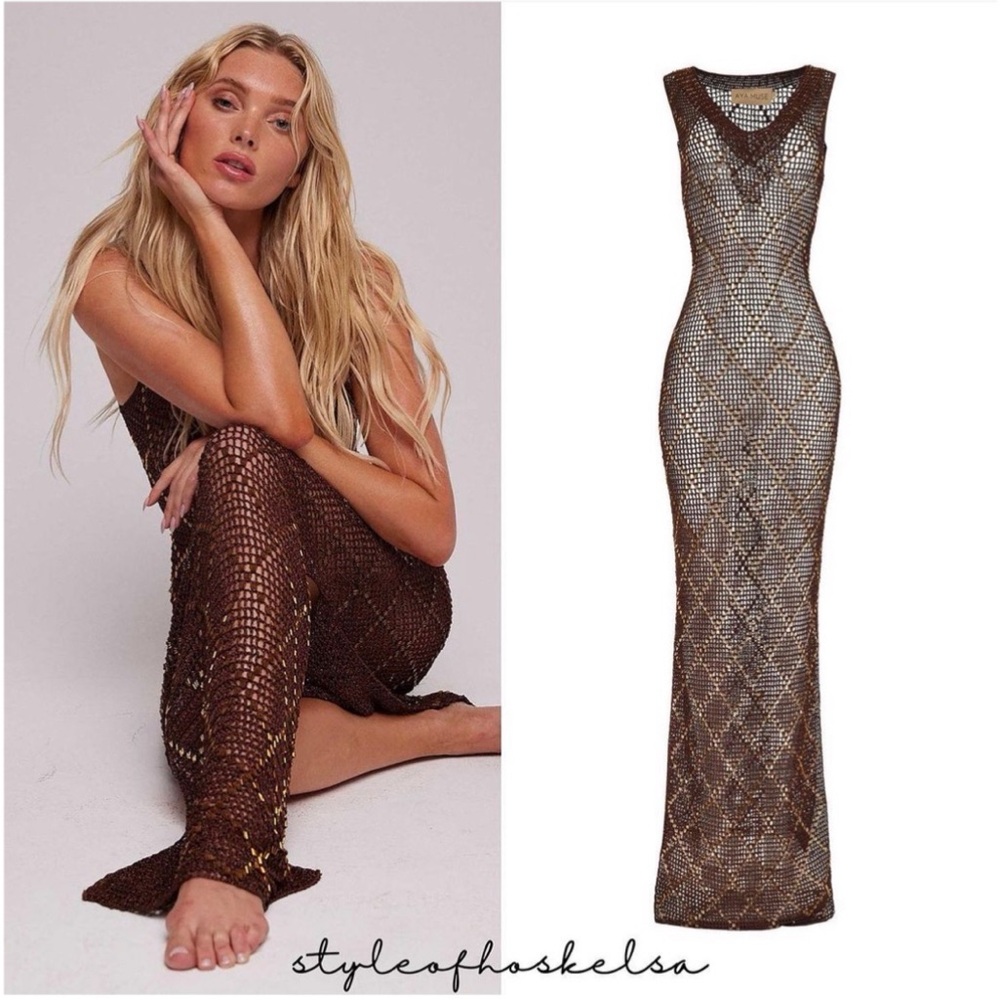 Brown Crochet Maxi Gown, Coverup Luxe Beachwear Resort